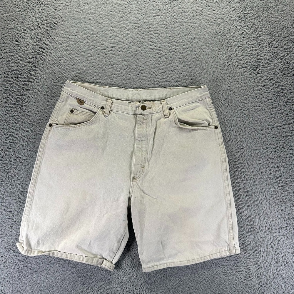 Vintage Wrangler Rugged Wear Shorts Men's 34 Beige Cotton Denim Bermuda Made USA